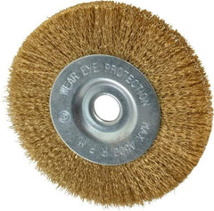 Value Collection - 4" OD, 1/2" Arbor Hole, Crimped Brass-Coated Steel Wheel Brush - 1/2" Face Width, 7/8" Trim Length, 0.007" Filament Diam, 4,500 RPM - Eagle Tool & Supply