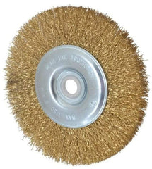 Value Collection - 5" OD, 5/8" Arbor Hole, Crimped Brass-Coated Steel Wheel Brush - 1/2" Face Width, 3/4" Trim Length, 0.012" Filament Diam, 3,750 RPM - Eagle Tool & Supply