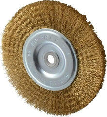 Value Collection - 6" OD, 5/8" Arbor Hole, Crimped Brass-Coated Steel Wheel Brush - 1/2" Face Width, 1-3/8" Trim Length, 0.012" Filament Diam, 3,750 RPM - Eagle Tool & Supply