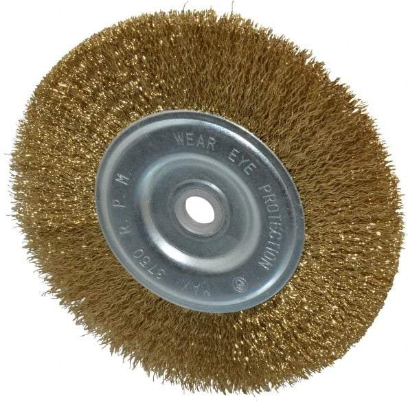 Value Collection - 6" OD, 5/8" Arbor Hole, Crimped Brass-Coated Steel Wheel Brush - 11/16" Face Width, 1-3/8" Trim Length, 0.012" Filament Diam, 6,000 RPM - Eagle Tool & Supply