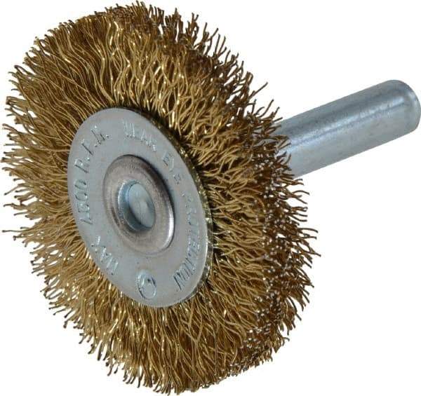 Value Collection - 1-5/8" OD, 1/4" Shank Diam, Crimped Brass-Coated Steel Wheel Brush - 3/16" Face Width, 3/8" Trim Length, 0.015" Filament Diam, 4,500 RPM - Eagle Tool & Supply
