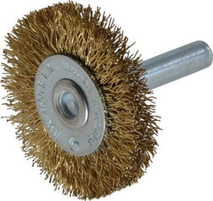 Value Collection - 1-5/8" OD, 1/4" Shank Diam, Crimped Brass-Coated Steel Wheel Brush - 3/16" Face Width, 3/8" Trim Length, 0.015" Filament Diam, 4,500 RPM - Eagle Tool & Supply