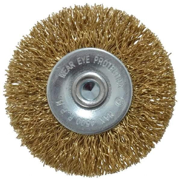 Value Collection - 2" OD, 1/4" Shank Diam, Crimped Brass-Coated Steel Wheel Brush - 9/32" Face Width, 3/8" Trim Length, 0.015" Filament Diam, 4,500 RPM - Eagle Tool & Supply