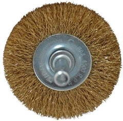 Value Collection - 2" OD, 1/4" Shank Diam, Crimped Brass-Coated Steel Wheel Brush - 9/32" Face Width, 3/8" Trim Length, 0.008" Filament Diam, 4,500 RPM - Eagle Tool & Supply