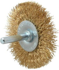 Value Collection - 2-1/2" OD, 1/4" Shank Diam, Crimped Brass-Coated Steel Wheel Brush - 11/32" Face Width, 1/2" Trim Length, 0.015" Filament Diam, 4,500 RPM - Eagle Tool & Supply