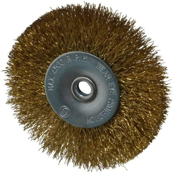 Value Collection - 2-1/2" OD, 1/4" Shank Diam, Crimped Brass-Coated Steel Wheel Brush - 11/32" Face Width, 1/2" Trim Length, 0.008" Filament Diam, 4,500 RPM - Eagle Tool & Supply