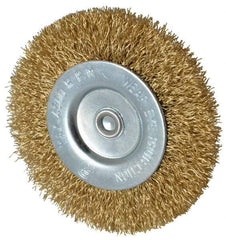 Value Collection - 3" OD, 1/4" Shank Diam, Crimped Brass-Coated Steel Wheel Brush - 3/8" Face Width, 5/8" Trim Length, 0.015" Filament Diam, 4,500 RPM - Eagle Tool & Supply