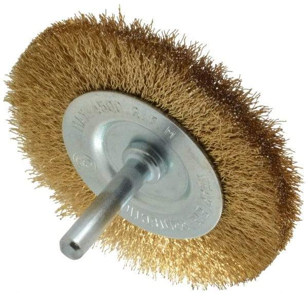 Value Collection - 3" OD, 1/4" Shank Diam, Crimped Brass-Coated Steel Wheel Brush - 3/8" Face Width, 5/8" Trim Length, 0.008" Filament Diam, 4,500 RPM - Eagle Tool & Supply