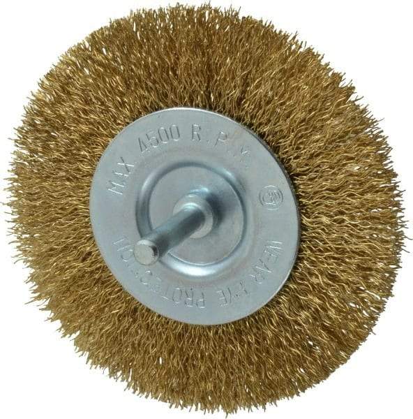 Value Collection - 4" OD, 1/4" Shank Diam, Crimped Brass-Coated Steel Wheel Brush - 15/32" Face Width, 7/8" Trim Length, 0.015" Filament Diam, 4,500 RPM - Eagle Tool & Supply