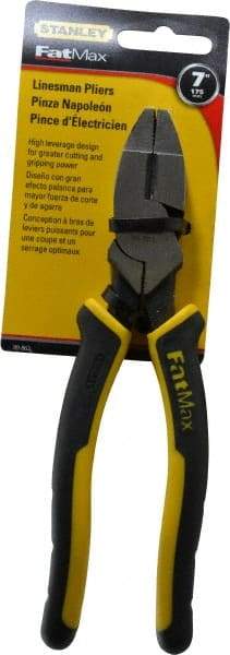 Stanley - 7-5/8" OAL, 1-1/2" Jaw Length x 1" Jaw Width, Side Cutting Linesman's Pliers - Serrated Jaw, Flat Nose Head, Bi-Material Cushion Grip Handles - Eagle Tool & Supply