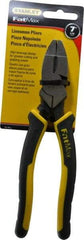 Stanley - 7-5/8" OAL, 1-1/2" Jaw Length x 1" Jaw Width, Side Cutting Linesman's Pliers - Serrated Jaw, Flat Nose Head, Bi-Material Cushion Grip Handles - Eagle Tool & Supply