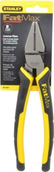 Stanley - 8-3/8" OAL, 1-1/2" Jaw Length x 1" Jaw Width, Side Cutting Linesman's Pliers - Serrated Jaw, Flat Nose Head, Bi-Material Cushion Grip Handles - Eagle Tool & Supply