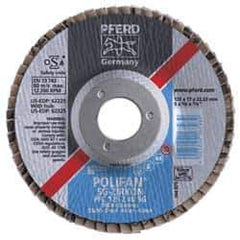 PFERD - 60 Grit, 7" Disc Diam, 7/8" Center Hole, Type 27 Zirconia Alumina Flap Disc - 8,600 Max RPM, Fiberglass Backing, Arbor Attaching System, Coated - Eagle Tool & Supply