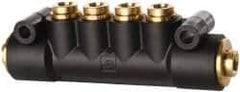 Parker - 1/4" Inlet, 1/4" Outlet Manifold - 3.98" Long x 0.9" Wide 0.21" Mount Hole, 200°F Max, 150 Max PSI, 2 Inlet Ports, 4 Outlet Ports - Eagle Tool & Supply