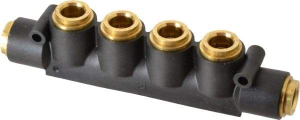 Parker - 1/2" Inlet, 1/2" Outlet Manifold - 6.49" Long x 1.02" Wide 0.22" Mount Hole, 200°F Max, 150 Max PSI, 2 Inlet Ports, 4 Outlet Ports - Eagle Tool & Supply