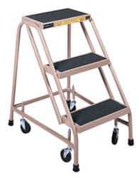 Gillis - 30" 3 Step Ladder - Rolling Steel Office Ladder, 300 Lb Capacity, 30" Platform Height, 24" Base Width x 27" Depth, Rubber Matted - Eagle Tool & Supply