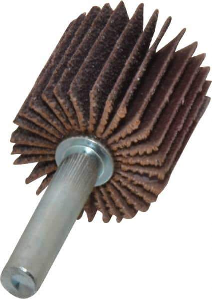 Norton - 1" Diam x 1" Face Width, Medium Aluminum Oxide Coated Mounted Flap Wheel - 1/4" Shank Mount, 60 Grit, Cloth Backing, 30,000 Max RPM - Eagle Tool & Supply