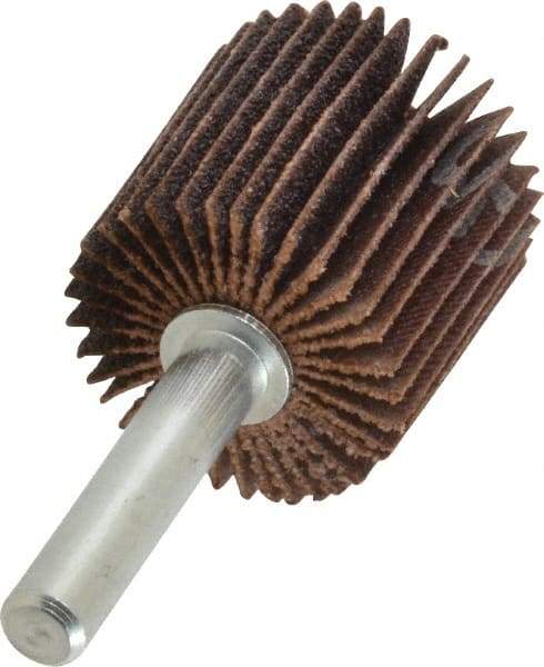 Norton - 1" Diam x 1" Face Width, Medium Aluminum Oxide Coated Mounted Flap Wheel - 1/4" Shank Mount, 80 Grit, Cloth Backing, 30,000 Max RPM - Eagle Tool & Supply
