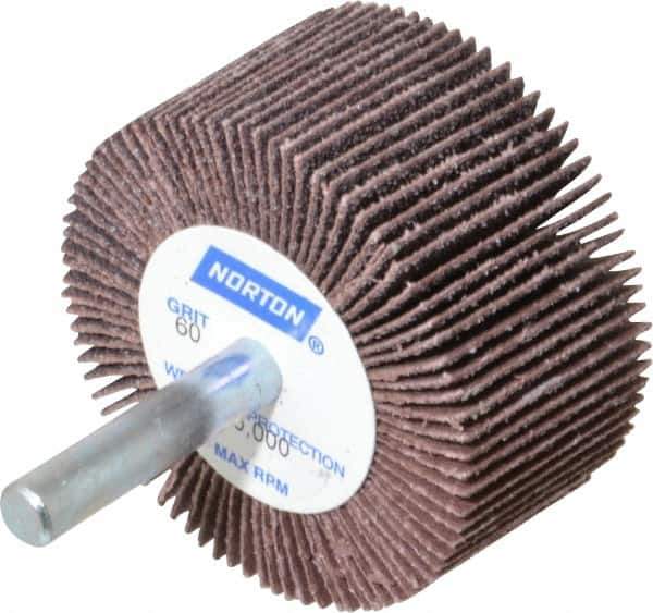 Norton - 2" Diam x 1" Face Width, Medium Aluminum Oxide Coated Mounted Flap Wheel - 1/4" Shank Mount, 60 Grit, Cloth Backing, 23,000 Max RPM - Eagle Tool & Supply