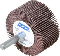Norton - 2" Diam x 1" Face Width, Medium Aluminum Oxide Coated Mounted Flap Wheel - 1/4" Shank Mount, 60 Grit, Cloth Backing, 23,000 Max RPM - Eagle Tool & Supply