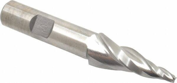 Made in USA - 10° Taper Angle per Side, 1/8" Small End Diam, 1-1/2" LOC, High Speed Steel 3 Flute Tapered Square End Mill - 3-5/8" OAL, 1/2" Shank Diam, Spiral Flute - Eagle Tool & Supply