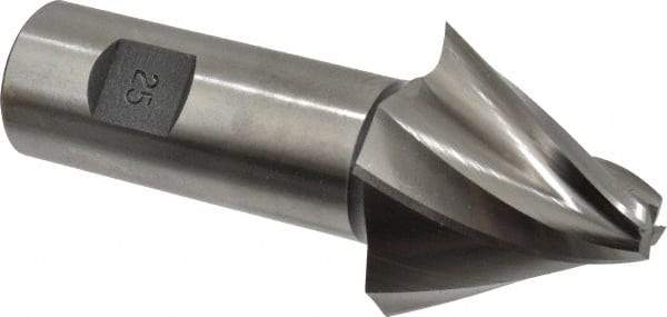 Made in USA - 25° Taper Angle per Side, 3/8" Small End Diam, 1-1/2" LOC, High Speed Steel 4 Flute Tapered Square End Mill - 4" OAL, 1" Shank Diam, Spiral Flute - Eagle Tool & Supply