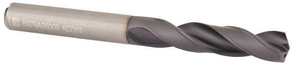 Kennametal - 8mm 140° Spiral Flute Solid Carbide Screw Machine Drill Bit - Multilayer TiAlN Finish, Right Hand Cut, 41mm Flute Length, 79mm OAL, Standard Point, Straight Shank, Through Coolant - Eagle Tool & Supply
