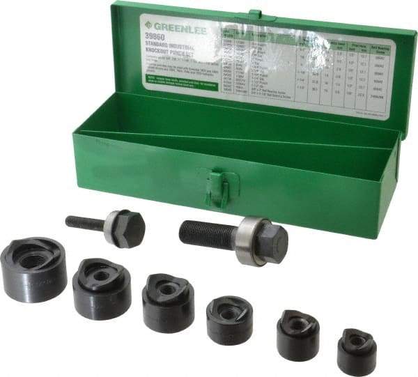 Greenlee - 15 Piece, 3/4 to 1-1/2" Punch Hole Diam, Manual Standard Punch Kit - Round Punch, 16 Gage Mild Steel - Eagle Tool & Supply