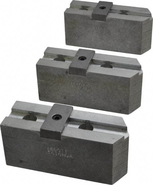 Abbott Workholding Products - 10" & Up Chuck Capacity, Tongue & Groove Attachment, Square Soft Lathe Chuck Jaw - 3 Jaws, Aluminum, 2-1/8" Btw Mount Hole Ctrs, 4-1/2" Long x 1-1/2" Wide x 2" High, 1/2" Groove, 1/2" Fastener - Eagle Tool & Supply