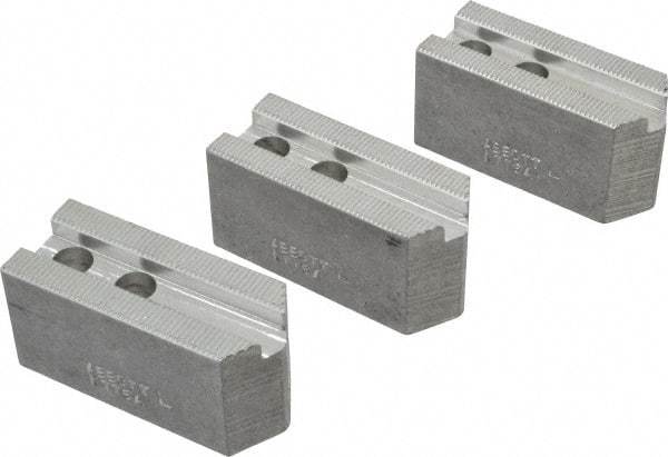 Abbott Workholding Products - 6" & Up Chuck Capacity, 1.5mm x 60° Serrated Attachment, Square Soft Lathe Chuck Jaw - 3 Jaws, Aluminum, 0.7874" Btw Mount Hole Ctrs, 3" Long x 1-1/4" Wide x 1-1/2" High, 0.4724" Groove, 0.3937" & 10mm Fastener - Eagle Tool & Supply