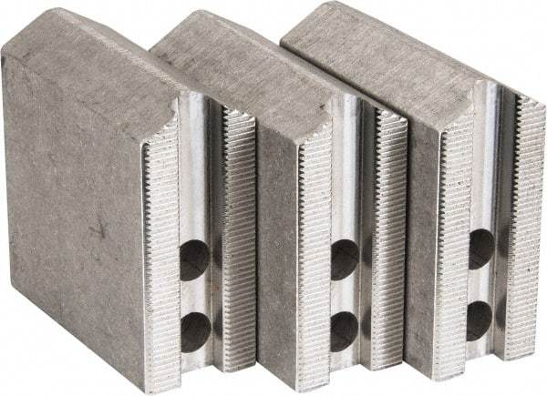 Abbott Workholding Products - 6" & Up Chuck Capacity, 1.5mm x 60° Serrated Attachment, Square Soft Lathe Chuck Jaw - 3 Jaws, Aluminum, 0.7874" Btw Mount Hole Ctrs, 3" Long x 1-1/4" Wide x 3" High, 0.4724" Groove, 0.3937" & 10mm Fastener - Eagle Tool & Supply