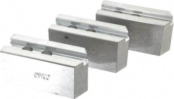 Abbott Workholding Products - 8" & Up Chuck Capacity, 1.5mm x 60° Serrated Attachment, Square Soft Lathe Chuck Jaw - 3 Jaws, Aluminum, 63/64" Btw Mount Hole Ctrs, 4" Long x 1-1/2" Wide x 2" High, 0.5512" Groove, 0.4724" & 12mm Fastener - Eagle Tool & Supply