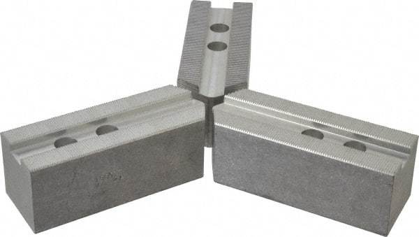 Abbott Workholding Products - 12" & Up Chuck Capacity, 1.5mm x 60° Serrated Attachment, Square Soft Lathe Chuck Jaw - 3 Jaws, Aluminum, 1.1811" Btw Mount Hole Ctrs, 5-1/2" Long x 2" Wide x 2" High, 0.7087" Groove, 0.5512" & 14mm Fastener - Eagle Tool & Supply