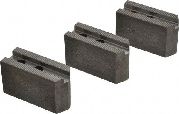 Abbott Workholding Products - 5" & Up Chuck Capacity, 1.5mm x 60° Serrated Attachment, Square Soft Lathe Chuck Jaw - 3 Jaws, Steel, 3/4" Btw Mount Hole Ctrs, 2-1/2" Long x 1" Wide x 1-1/2" High, 0.3937" Groove, 0.315" & 8mm Fastener - Eagle Tool & Supply