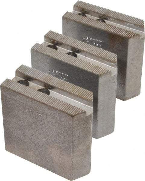 Abbott Workholding Products - 6" & Up Chuck Capacity, 1.5mm x 60° Serrated Attachment, Square Soft Lathe Chuck Jaw - 3 Jaws, Steel, 0.7874" Btw Mount Hole Ctrs, 3" Long x 1-1/4" Wide x 3" High, 0.4331" Groove, 0.3937" & 10mm Fastener - Eagle Tool & Supply