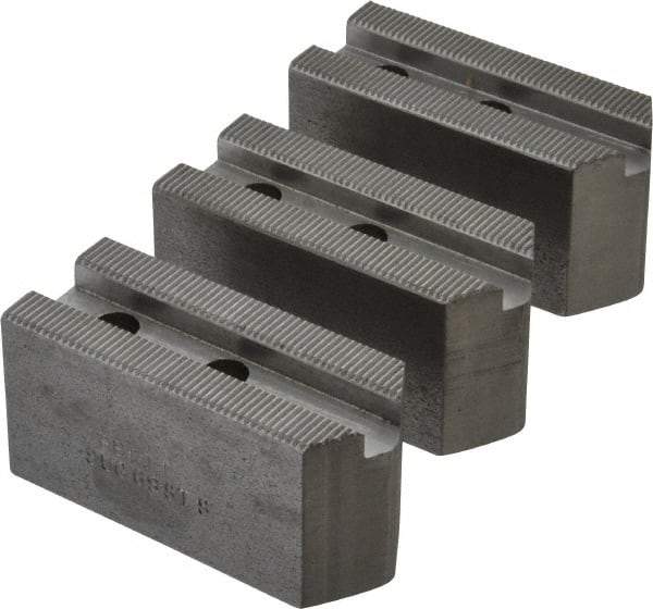 Abbott Workholding Products - 6" & Up Chuck Capacity, 1.5mm x 60° Serrated Attachment, Square Soft Lathe Chuck Jaw - 3 Jaws, Steel, 63/64" Btw Mount Hole Ctrs, 3" Long x 1-1/4" Wide x 1-1/2" High, 0.4331" Groove, 0.315" & 8mm Fastener - Eagle Tool & Supply