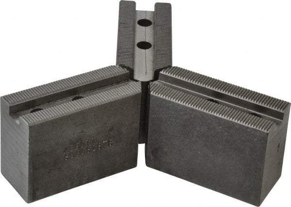 Abbott Workholding Products - 6" & Up Chuck Capacity, 1.5mm x 60° Serrated Attachment, Square Soft Lathe Chuck Jaw - 3 Jaws, Steel, 63/64" Btw Mount Hole Ctrs, 3" Long x 1-1/4" Wide x 2" High, 0.4331" Groove, 0.315" & 8mm Fastener - Eagle Tool & Supply