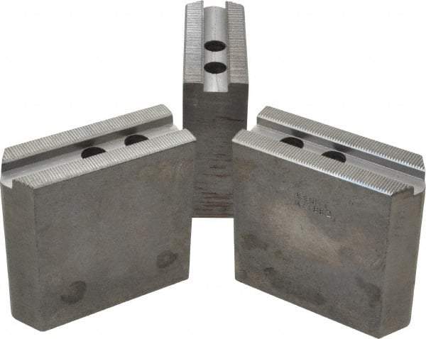 Abbott Workholding Products - 8" & Up Chuck Capacity, 1.5mm x 60° Serrated Attachment, Square Soft Lathe Chuck Jaw - 3 Jaws, Steel, 63/64" Btw Mount Hole Ctrs, 4" Long x 1-1/2" Wide x 4" High, 0.5512" Groove, 0.4724" & 12mm Fastener - Eagle Tool & Supply