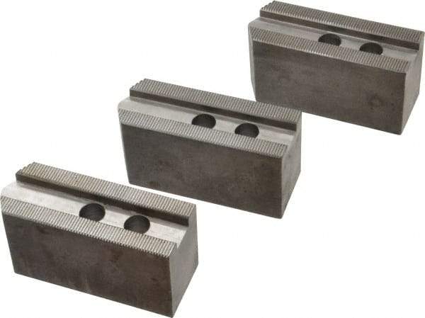 Abbott Workholding Products - 8" & Up Chuck Capacity, 1.5mm x 60° Serrated Attachment, Square Soft Lathe Chuck Jaw - 3 Jaws, Steel, 63/64" Btw Mount Hole Ctrs, 4" Long x 1-1/2" Wide x 2" High, 0.6299" Groove, 0.4724" & 12mm Fastener - Eagle Tool & Supply