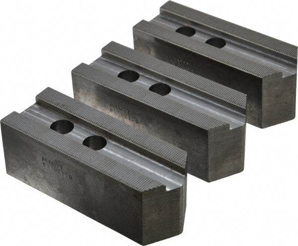 Abbott Workholding Products - 12" & Up Chuck Capacity, 1.5mm x 60° Serrated Attachment, Square Soft Lathe Chuck Jaw - 3 Jaws, Steel, 1.1811" Btw Mount Hole Ctrs, 5-1/2" Long x 2" Wide x 2" High, 0.8268" Groove, 0.6299" & 16mm Fastener - Eagle Tool & Supply