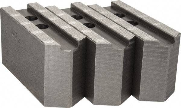 Abbott Workholding Products - 12" & Up Chuck Capacity, 1.5mm x 60° Serrated Attachment, Square Soft Lathe Chuck Jaw - 3 Jaws, Steel, 1.1811" Btw Mount Hole Ctrs, 5-1/2" Long x 2" Wide x 3" High, 0.8268" Groove, 0.6299" & 16mm Fastener - Eagle Tool & Supply