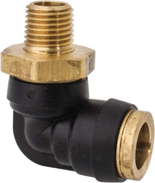 Parker - 1/2" Tube OD, 1/4 NPT Composite Push-to-Connect Tube Male Swivel Elbow - 250 Max psi, Tube to Male NPT Connection, Buna-N O-Ring, -40 to 200°F Working Temp - Eagle Tool & Supply