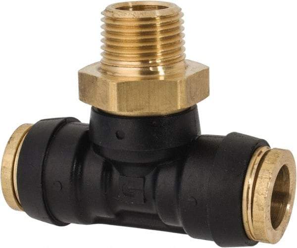Parker - 1/2" Tube OD, 3/8 NPT Composite Push-to-Connect Tube Male Swivel Branch Tee - 250 Max psi, Tube to Male NPT Connection, Buna-N O-Ring, -40 to 200°F Working Temp - Eagle Tool & Supply