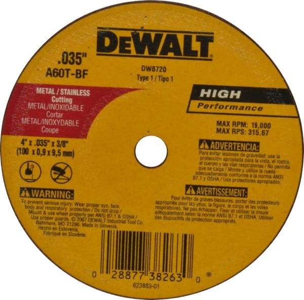 DeWALT - 4" 60 Grit Aluminum Oxide Cutoff Wheel - 0.035" Thick, 3/8" Arbor, 19,000 Max RPM, Use with Circular Saws - Eagle Tool & Supply