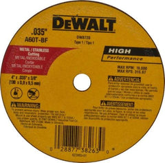 DeWALT - 4" 60 Grit Aluminum Oxide Cutoff Wheel - 0.035" Thick, 3/8" Arbor, 19,000 Max RPM, Use with Circular Saws - Eagle Tool & Supply