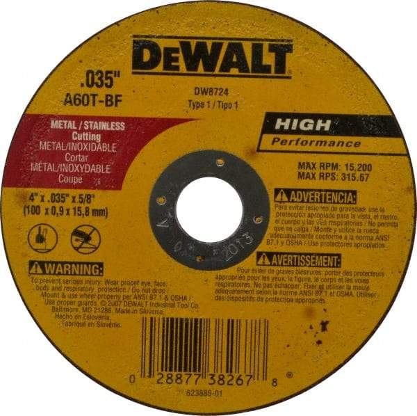 DeWALT - 4" 60 Grit Aluminum Oxide Cutoff Wheel - 0.035" Thick, 5/8" Arbor, 19,000 Max RPM, Use with Circular Saws - Eagle Tool & Supply