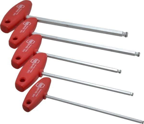 Wiha - 5 Piece T-Handle Ball End Hex Key Set - Hex Range 4 to 10mm, Chrome Vanadium Molybdenum - Eagle Tool & Supply