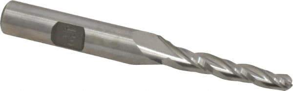 Made in USA - 1.5° Taper Angle per Side, 3/16" Small End Diam, 1-1/4" LOC, High Speed Steel 3 Flute Tapered Ball End Mill - 3-1/8" OAL, 3/8" Shank Diam - Eagle Tool & Supply