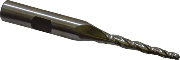 Made in USA - 2° Taper Angle per Side, 1/8" Small End Diam, 1-1/4" LOC, High Speed Steel 3 Flute Tapered Ball End Mill - 3-1/8" OAL, 3/8" Shank Diam - Eagle Tool & Supply