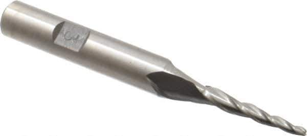 Made in USA - 3° Taper Angle per Side, 3/32" Small End Diam, 1" LOC, High Speed Steel 3 Flute Tapered Ball End Mill - 2-7/8" OAL, 3/8" Shank Diam - Eagle Tool & Supply